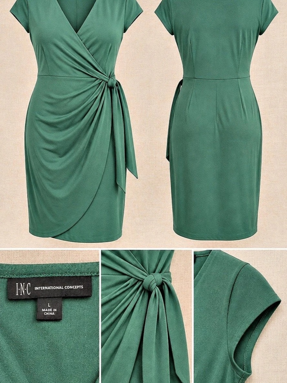 INC International Concepts Short Sleeve Faux Wrap Tie Dress Green Mini Dress